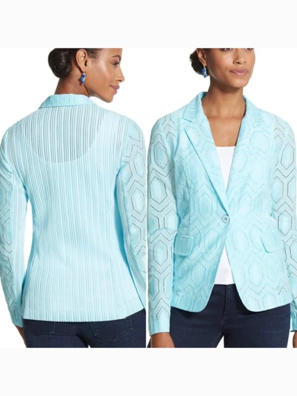 CHICO’S CHICOS 2 Celebration Eyelet Blazer Aqua Blue Geometric Geo Work Spring L